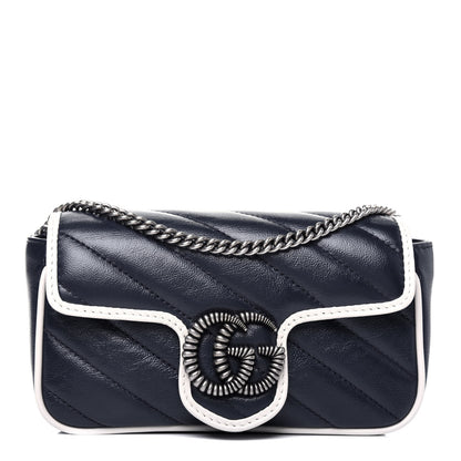 Gucci Vintage Effect Calfskin Matelasse Diagonal Super Mini Torchon GG Marmont Shoulder Bag Blue Agata Mystic White 1 of 10