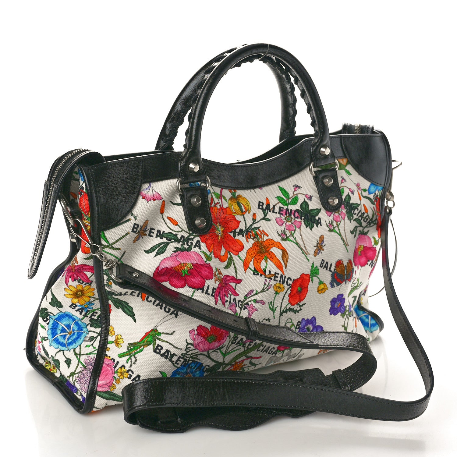 Balenciaga X GUCCI Canvas Azalea Calfskin Flora Logo Print Neo Classic Silver Hardware Medium City White Multicolor Black 4 of 11