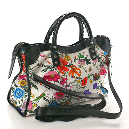 Balenciaga X GUCCI Canvas Azalea Calfskin Flora Logo Print Neo Classic Silver Hardware Medium City White Multicolor Black 4 of 11