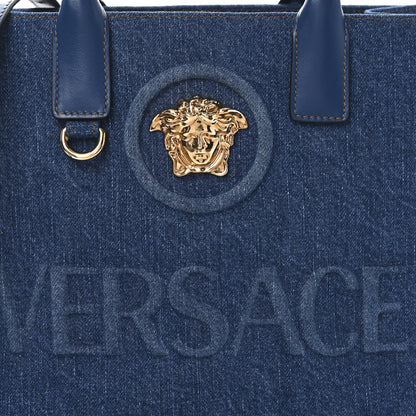 Versace Denim Calfskin La Medusa Small Tote Bag Blue 7 of 9
