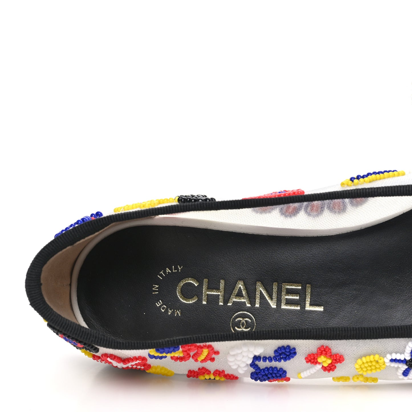 Mesh Pearl Grosgrain Cap Toe CC Coco Beach Ballerina Flats 37.5 Multicolor Black