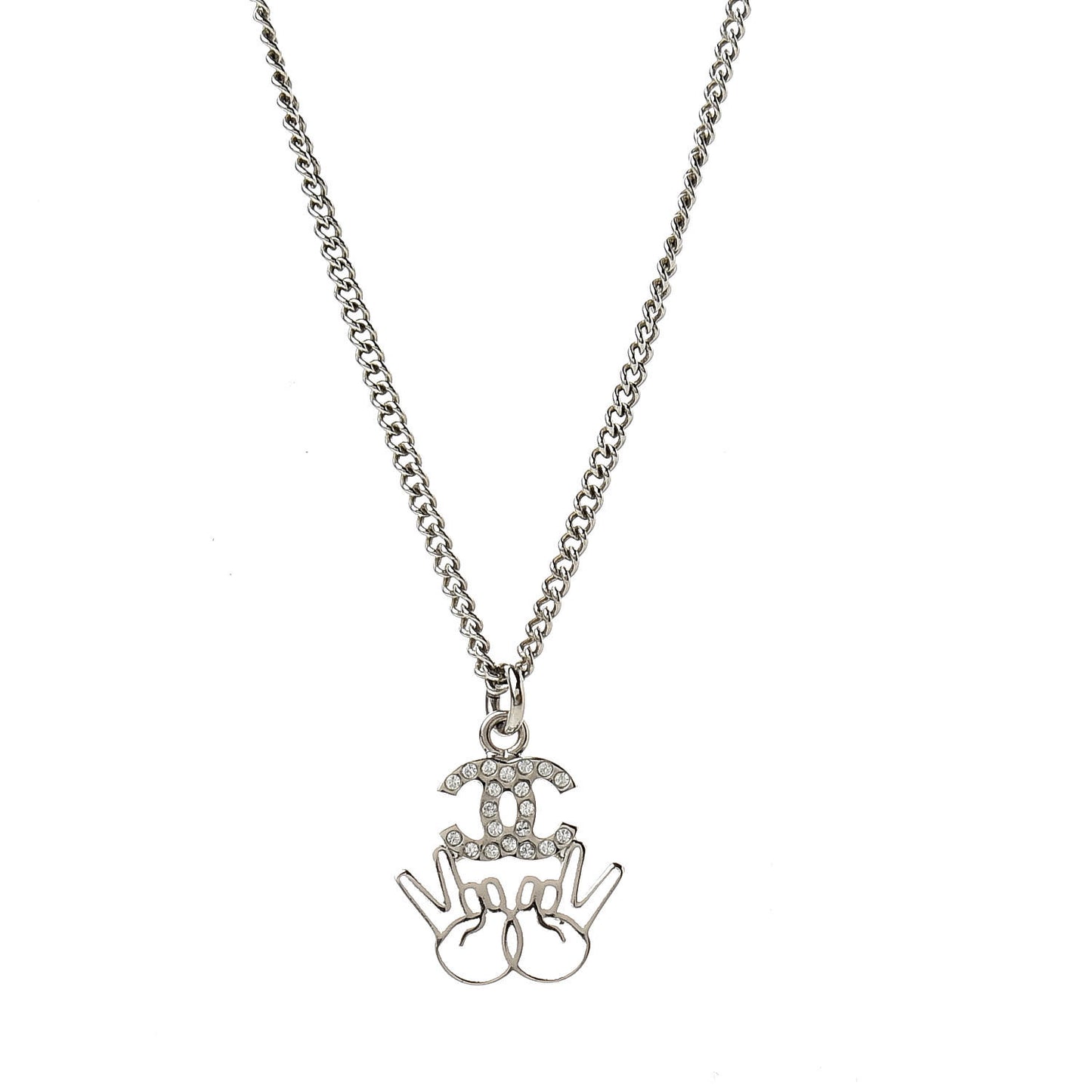 Crystal CC Peace Sign Emoji Necklace Silver