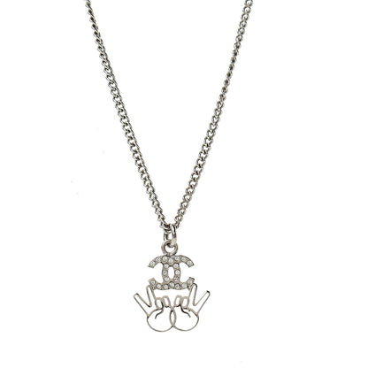 Chanel Crystal CC Peace Sign Emoji Necklace Silver 5 of 5