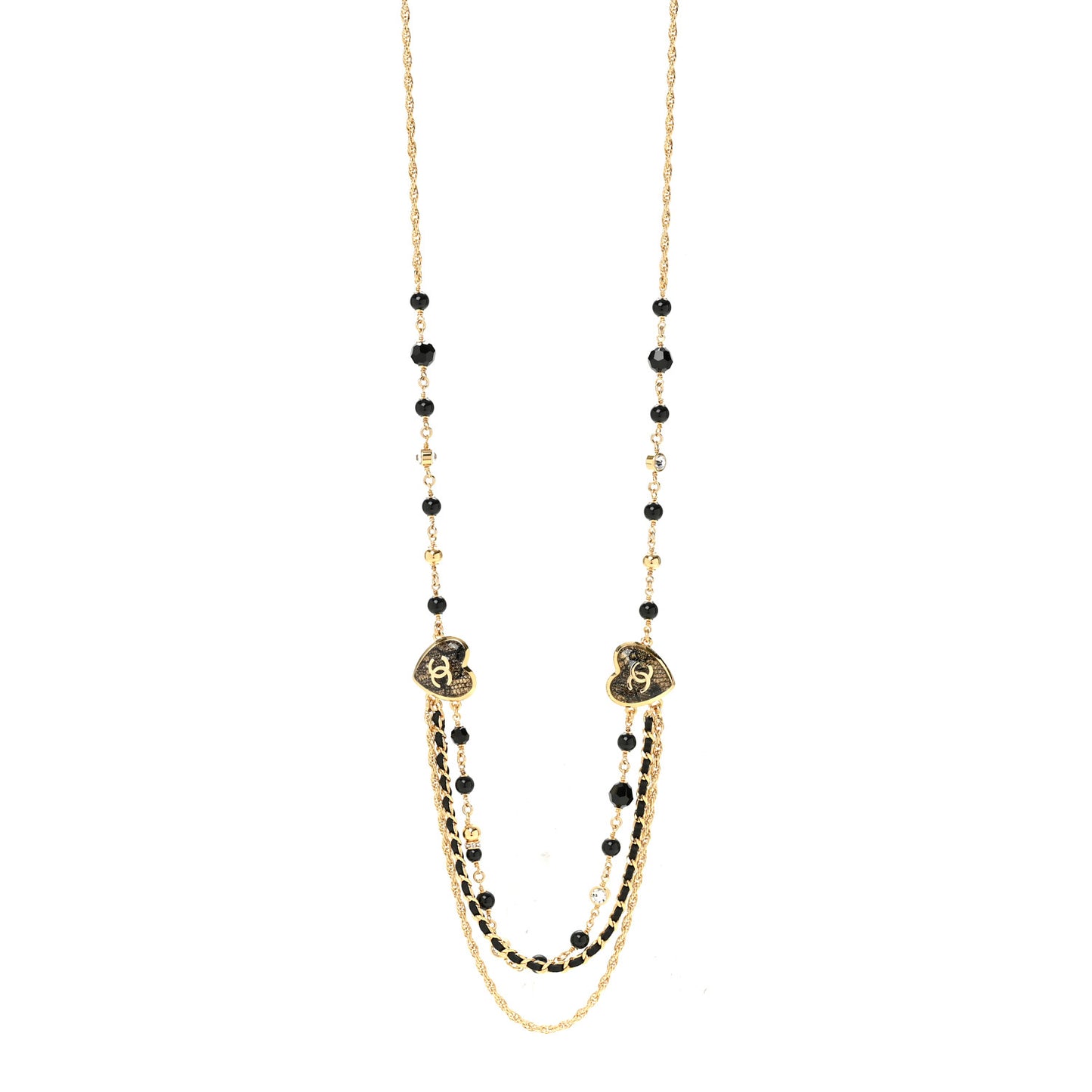 Crystal Beaded CC Heart Long Necklace Gold Black