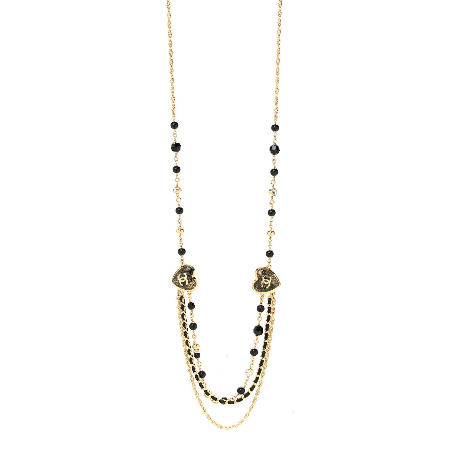 Chanel Crystal Beaded CC Heart Long Necklace Gold Black 1 of 6
