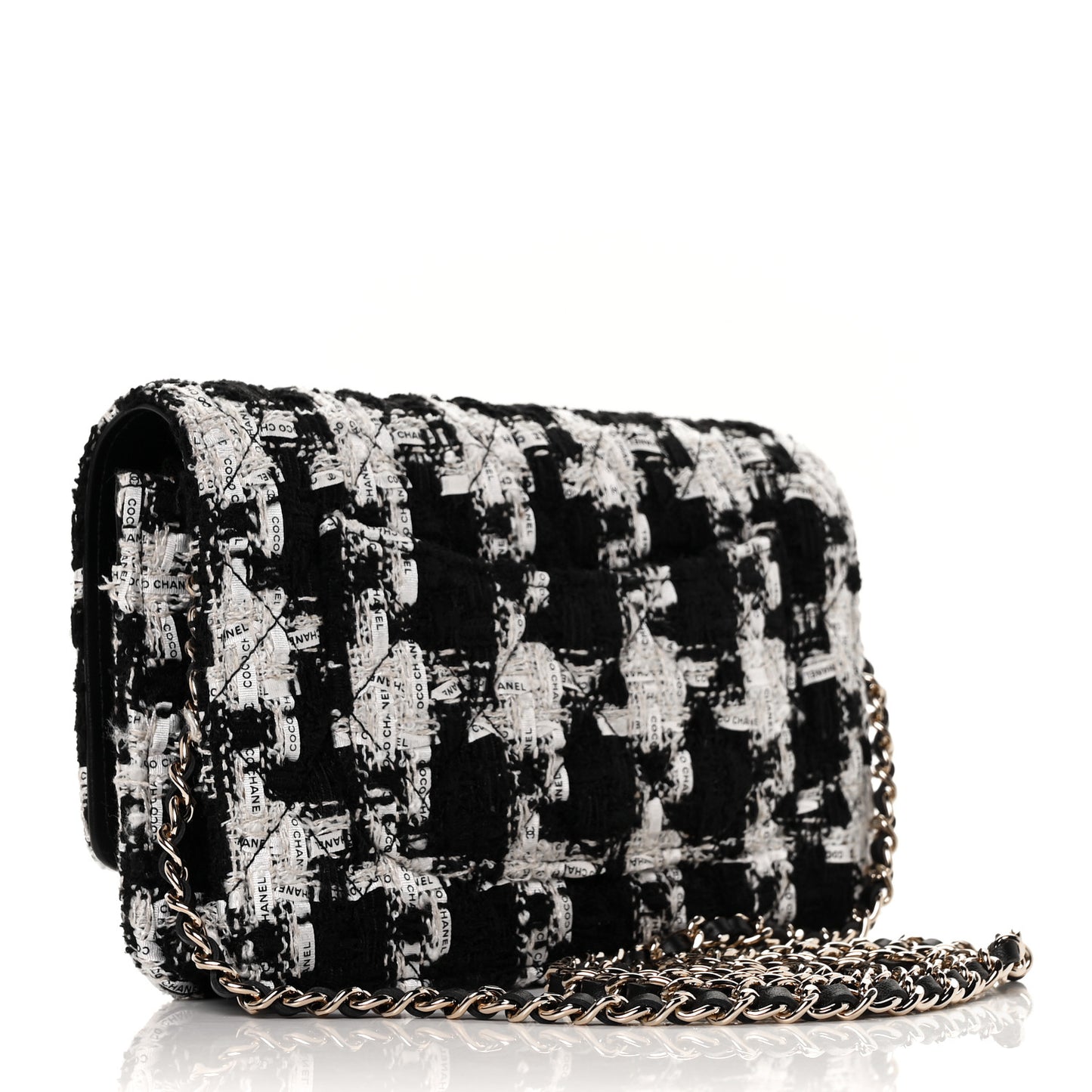 Tweed Quilted Wallet On Chain WOC Black Ecru White