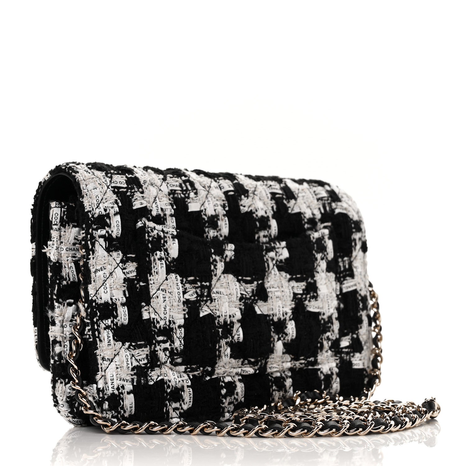 Chanel Tweed Quilted Wallet On Chain WOC Black Ecru White 3 of 9