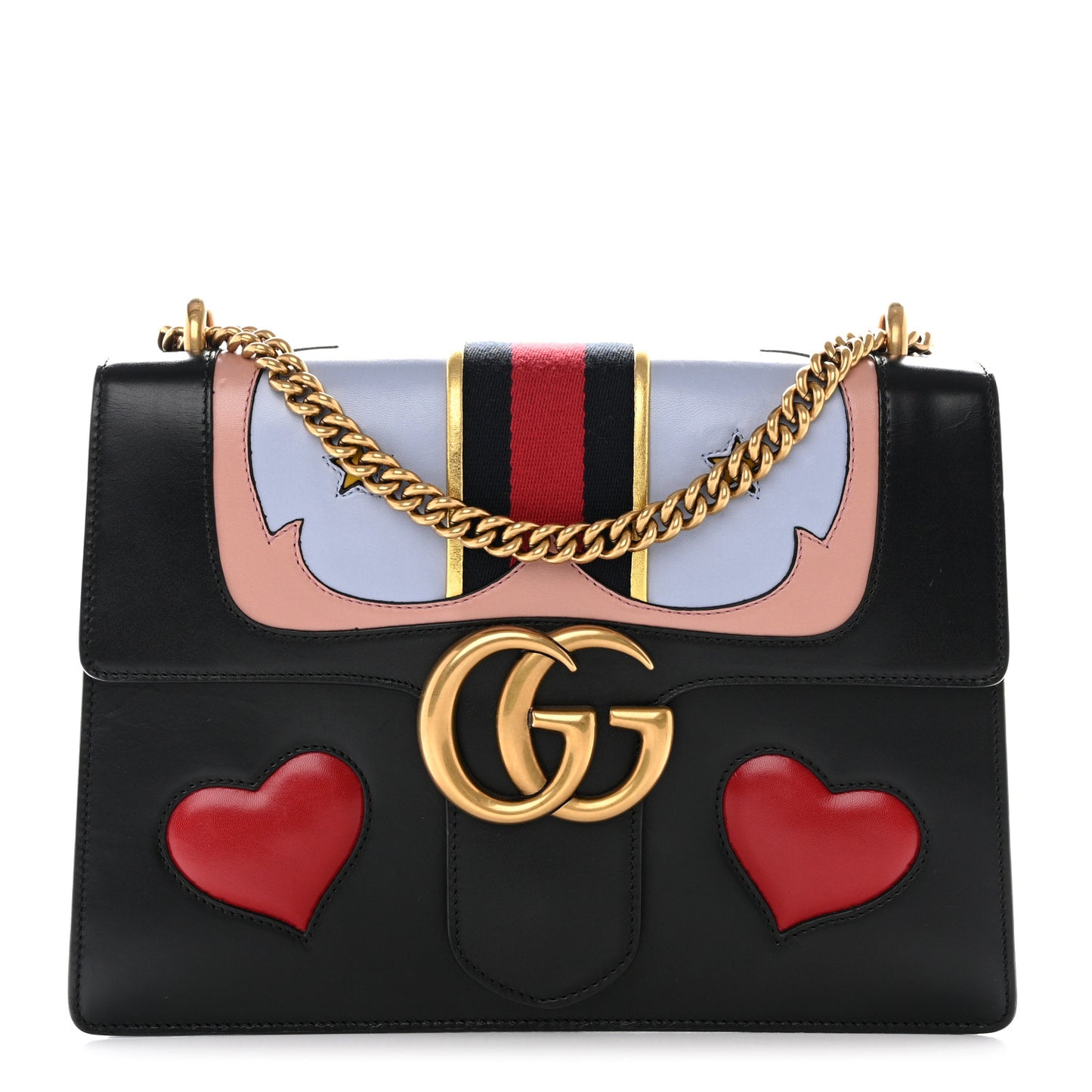 Calfskin Web Heart Medium GG Marmont Chain Handle Bag Black