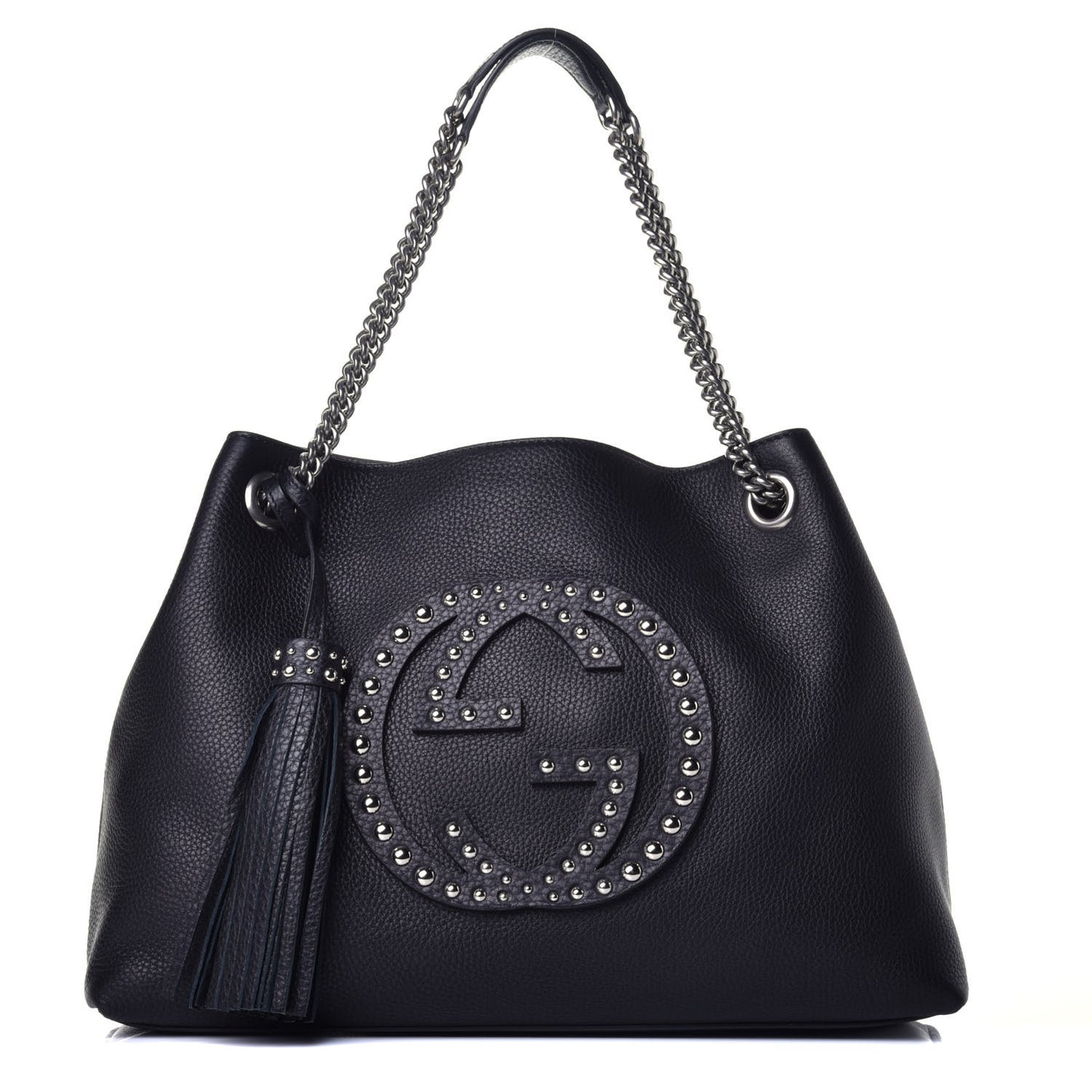 Pebbled Calfskin Studded Medium Soho Chain Shoulder Bag Black
