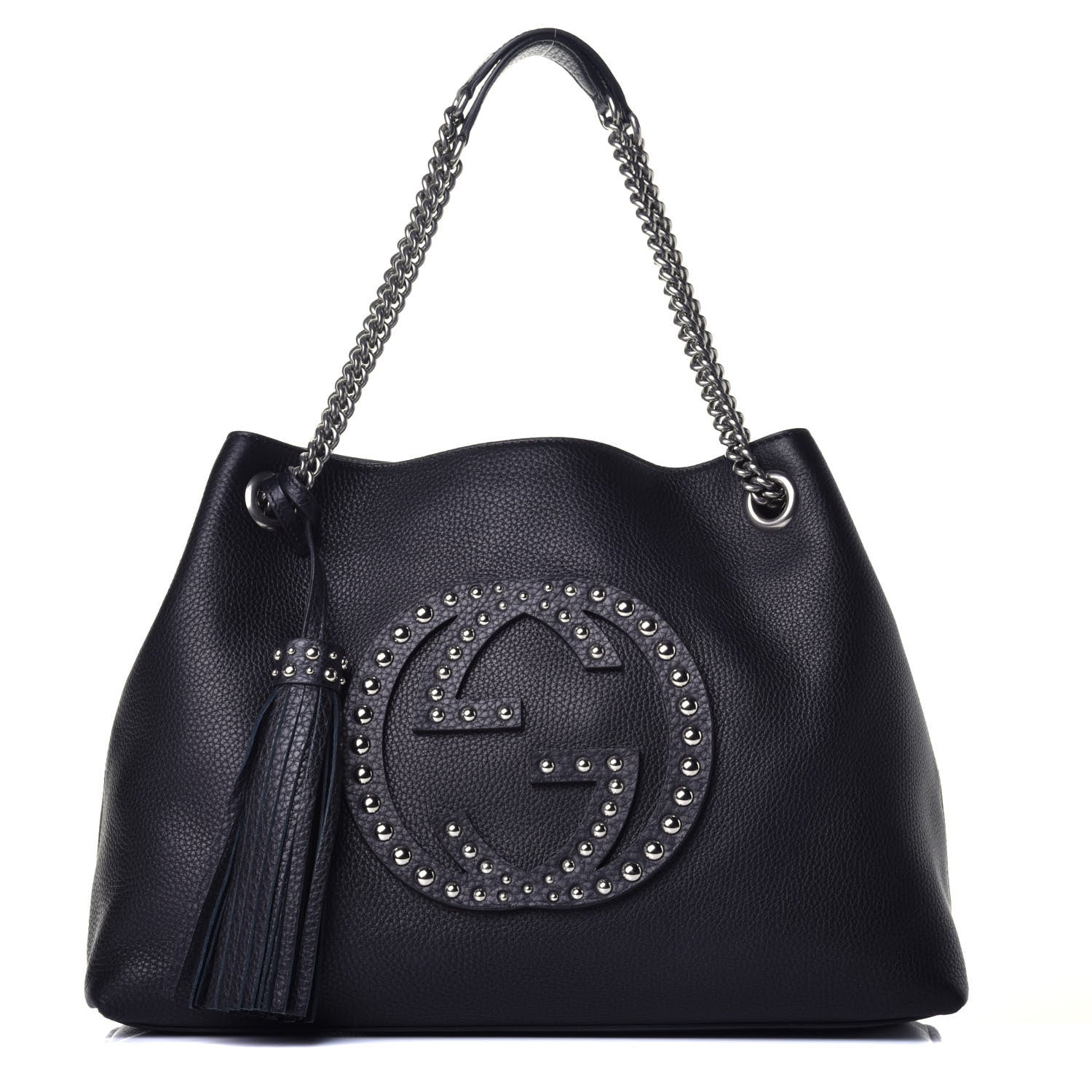 Gucci Pebbled Calfskin Studded Medium Soho Chain Shoulder Bag Black 2 of 17