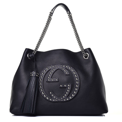 Gucci Pebbled Calfskin Studded Medium Soho Chain Shoulder Bag Black 2 of 17