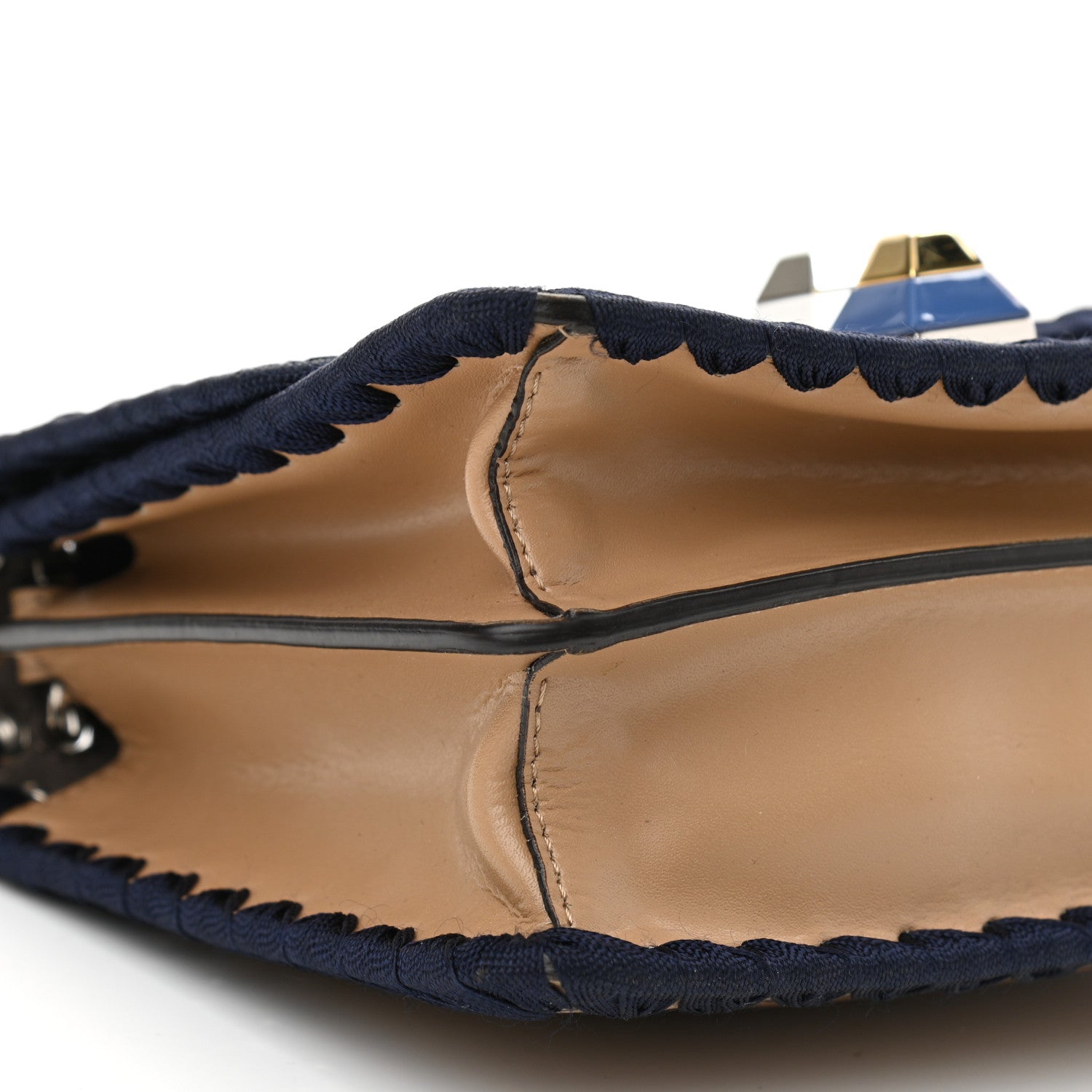 Fendi Vitello Liberty Lucido Ribbon Lace Up Studded Small Kan I Shoulder Bag Cuoio Navy 8 of 12
