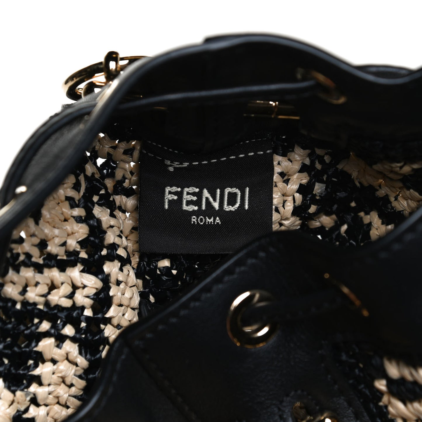 Raffia Vitello Seta F is Fendi FF Woven Mini Mon Tresor Bucket Bag Black Natural