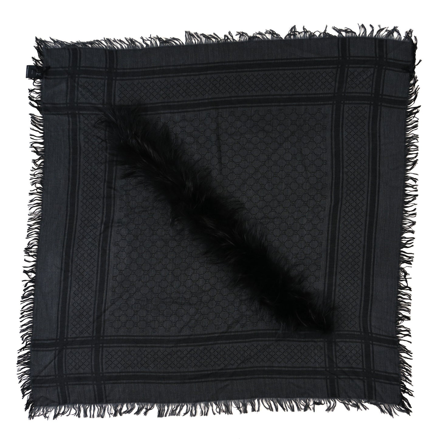 Wool Silk Fox Fur Monogram Shawl Scarf Black