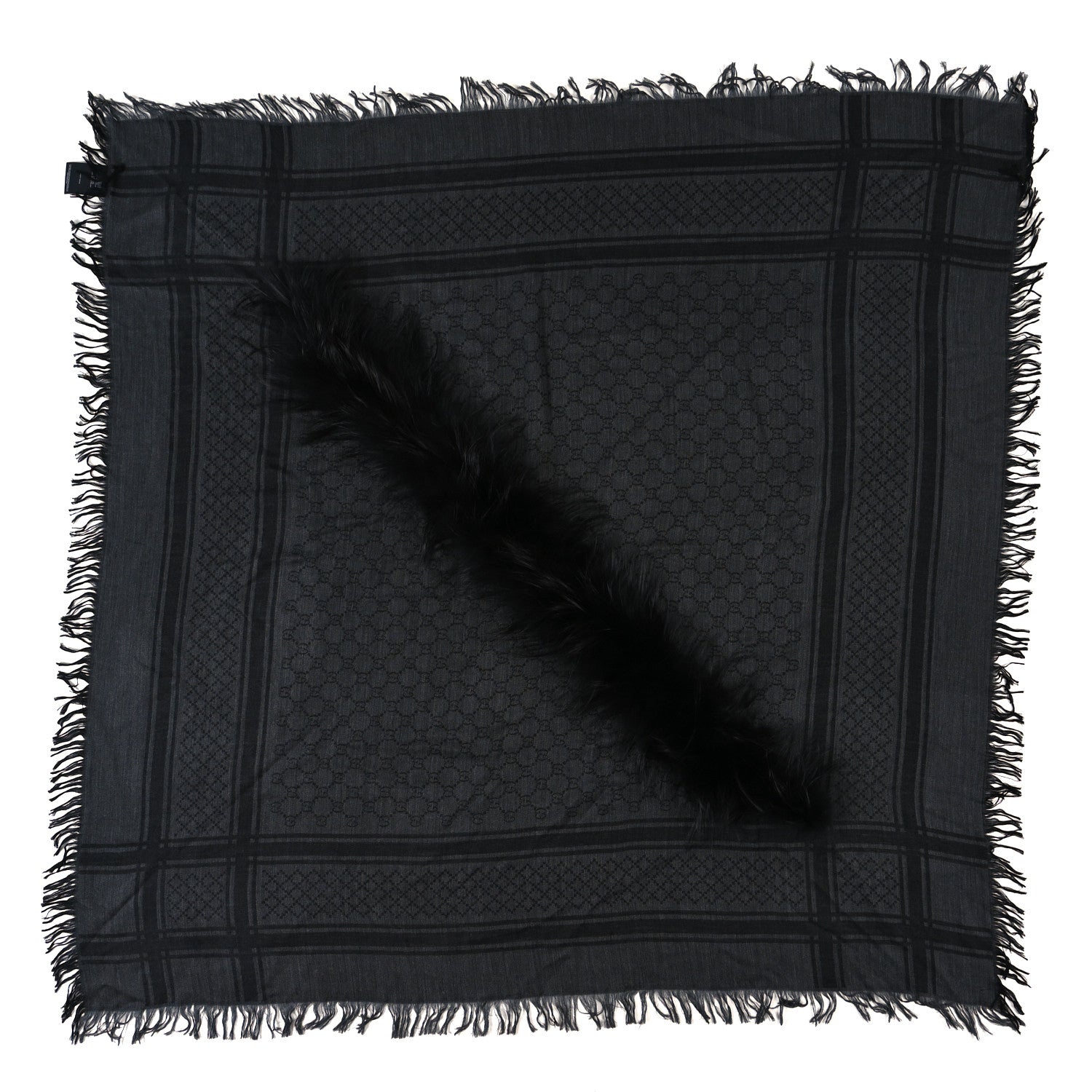 Gucci Wool Silk Fox Fur Monogram Shawl Scarf Black 1 of 3