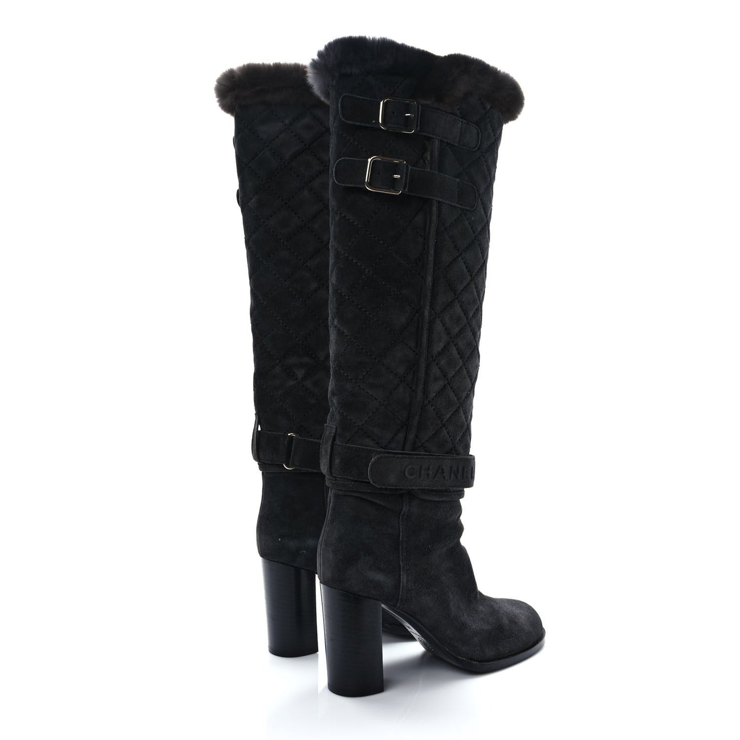 Suede Rabbit Fur Quilted Buckle High Boots 38 Grey