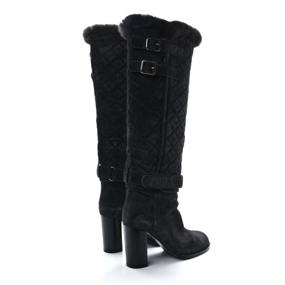 Chanel Suede Rabbit Fur Quilted Buckle High Boots 38 Grey 4 of 8