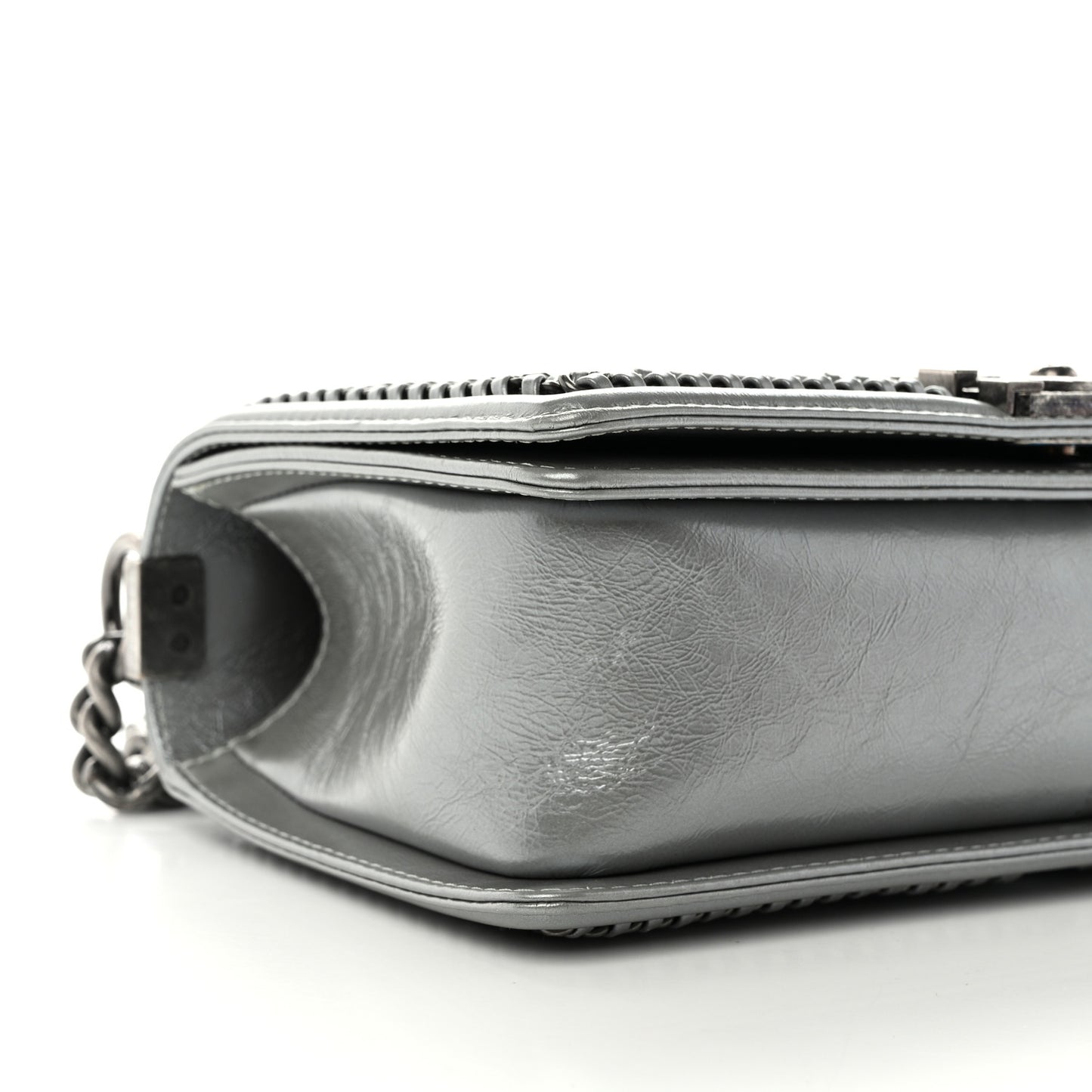 Metallic Aged Calfskin Quilted Medium Top Handle Boy Flap Silver