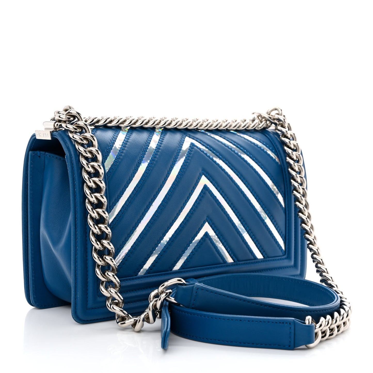 Lambskin Iridescent PVC Chevron Quilted Medium Boy Flap Blue Silver