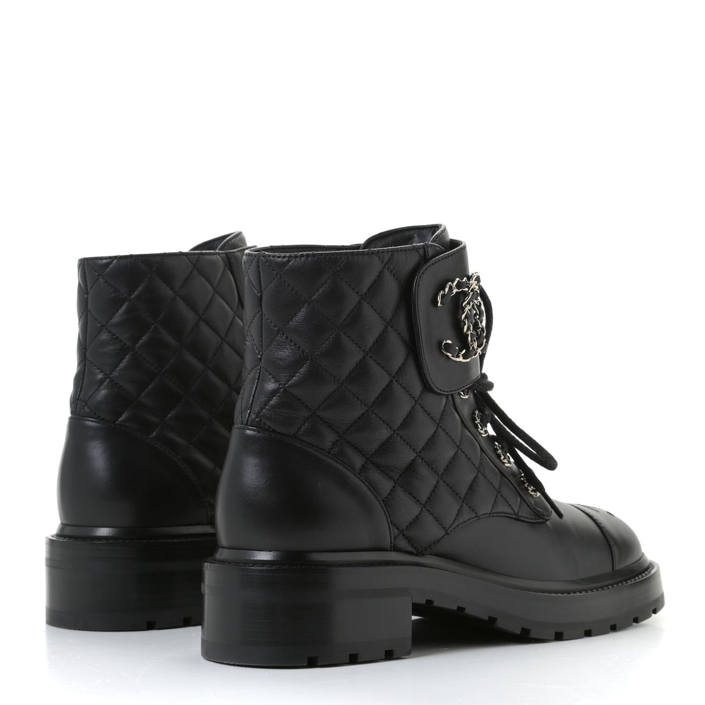 Shiny Lambskin Quilted Lace Up Combat Boots 38.5 Black