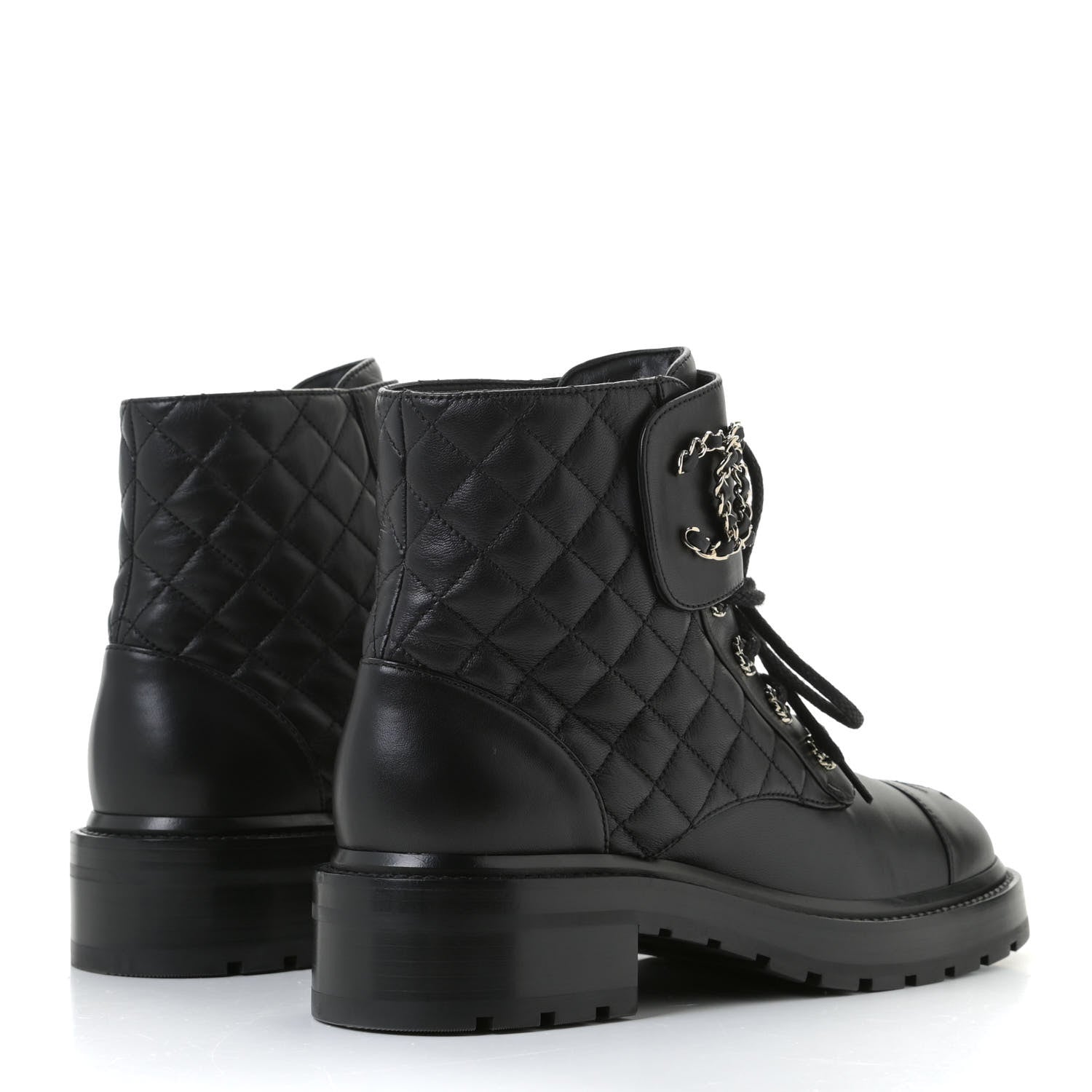 Chanel Shiny Lambskin Quilted Lace Up Combat Boots 38.5 Black 4 of 11