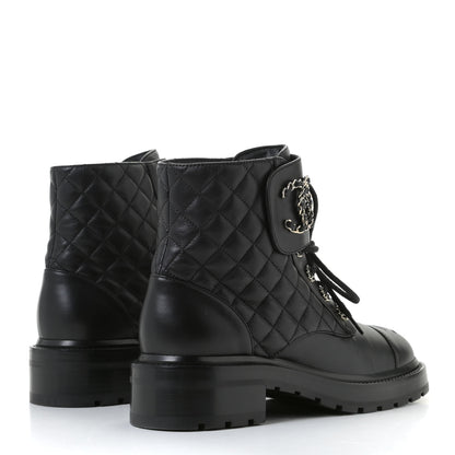 Chanel Shiny Lambskin Quilted Lace Up Combat Boots 38.5 Black 4 of 11