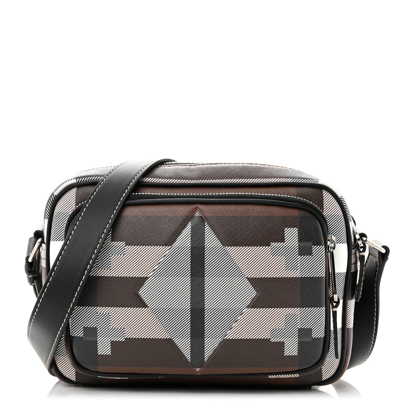 E-Canvas Calfskin Geometric Check Paddy Messenger Dark Birch Brown White