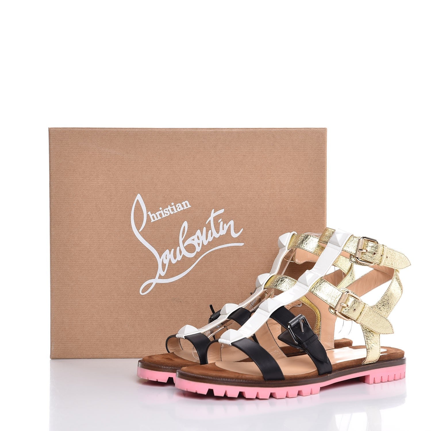 Christian Louboutin Patent Nappa Studded Rock N Buckle Flat Sandals 39 Latte 10 of 10
