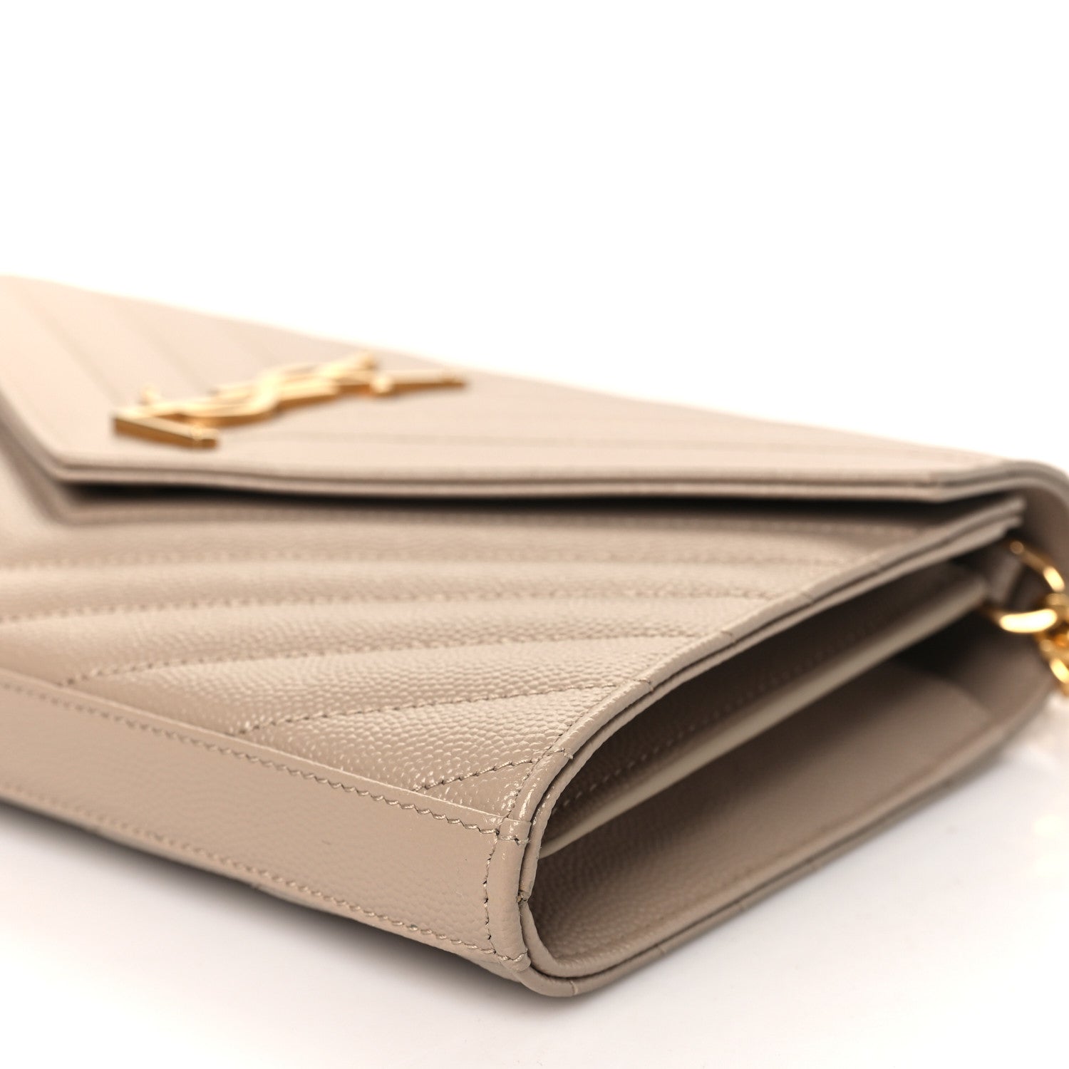 Saint Laurent Grain De Poudre Matelasse Chevron Monogram Chain Wallet Dark Beige 9 of 10