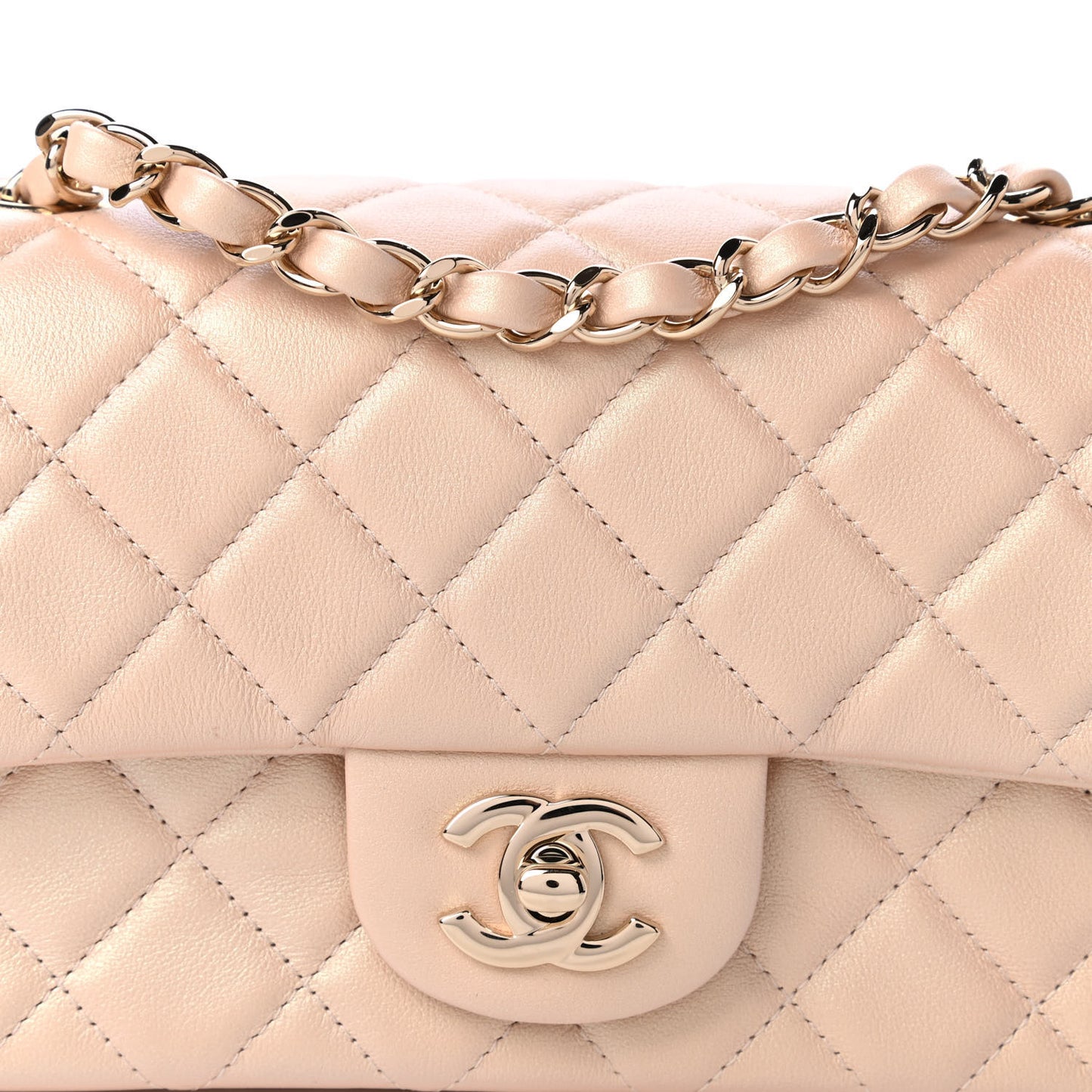 Iridescent Lambskin Quilted Mini Rectangular Flap Beige