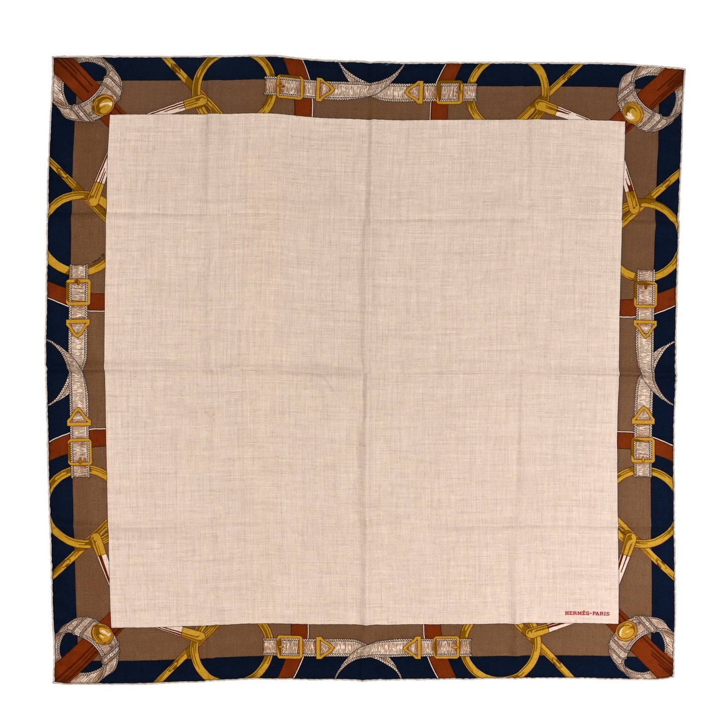 Cashmere Silk Encadre Eperon d'Or Scarf 90 Naturel Camel Marine