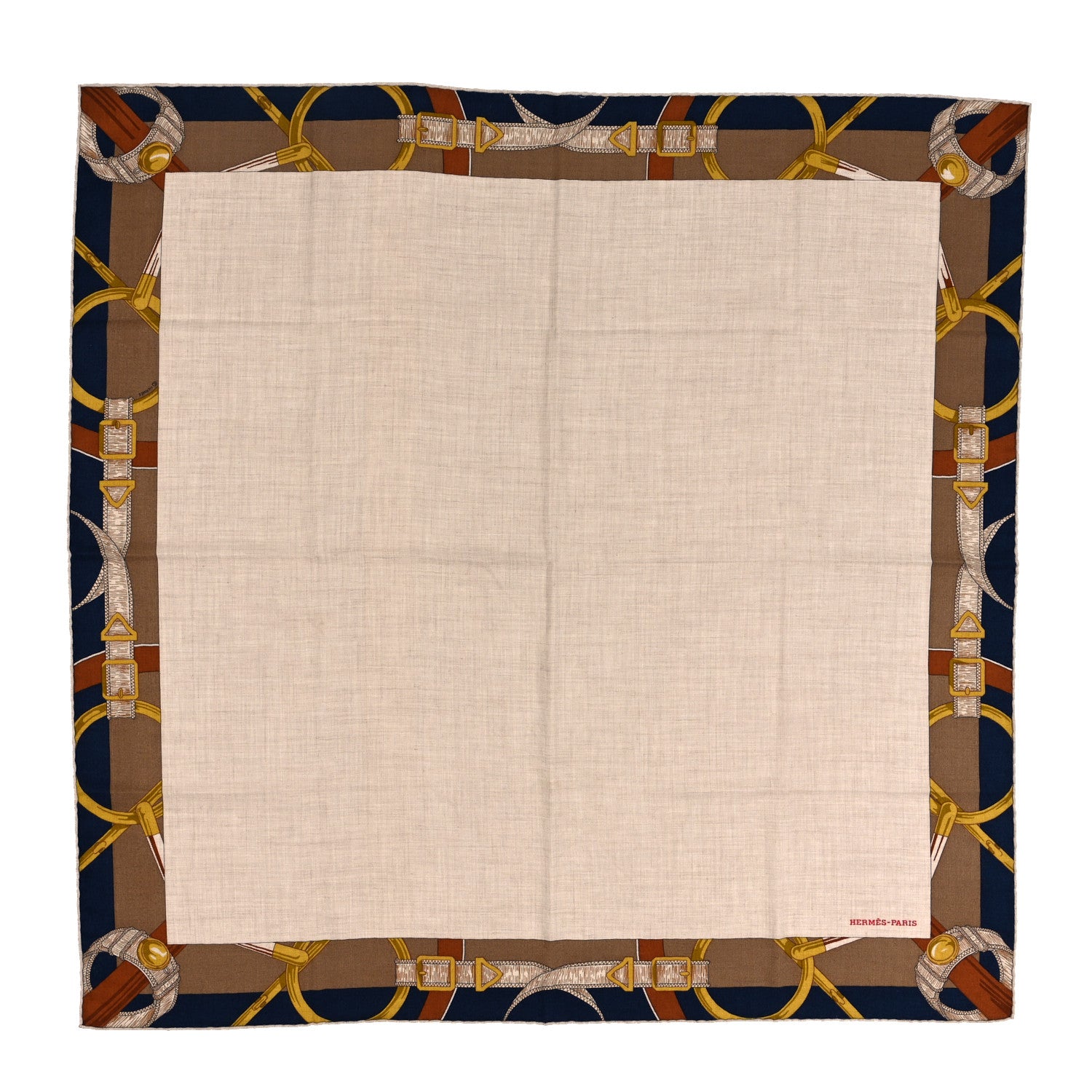 Hermes Cashmere Silk Encadre Eperon d'Or Scarf 90 Naturel Camel Marine 1 of 4