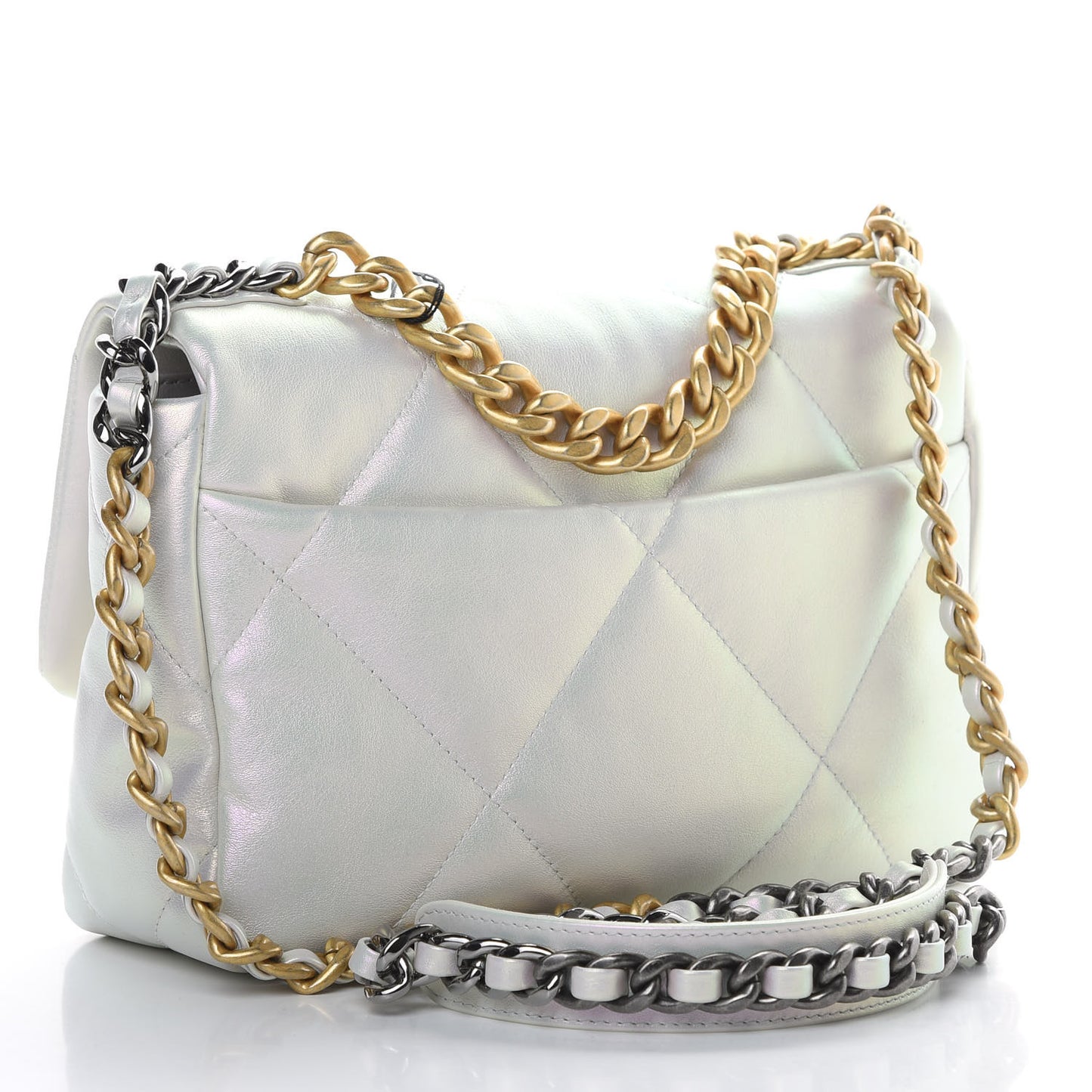 Iridescent Calfskin Quilted Medium Chanel 19 Flap White