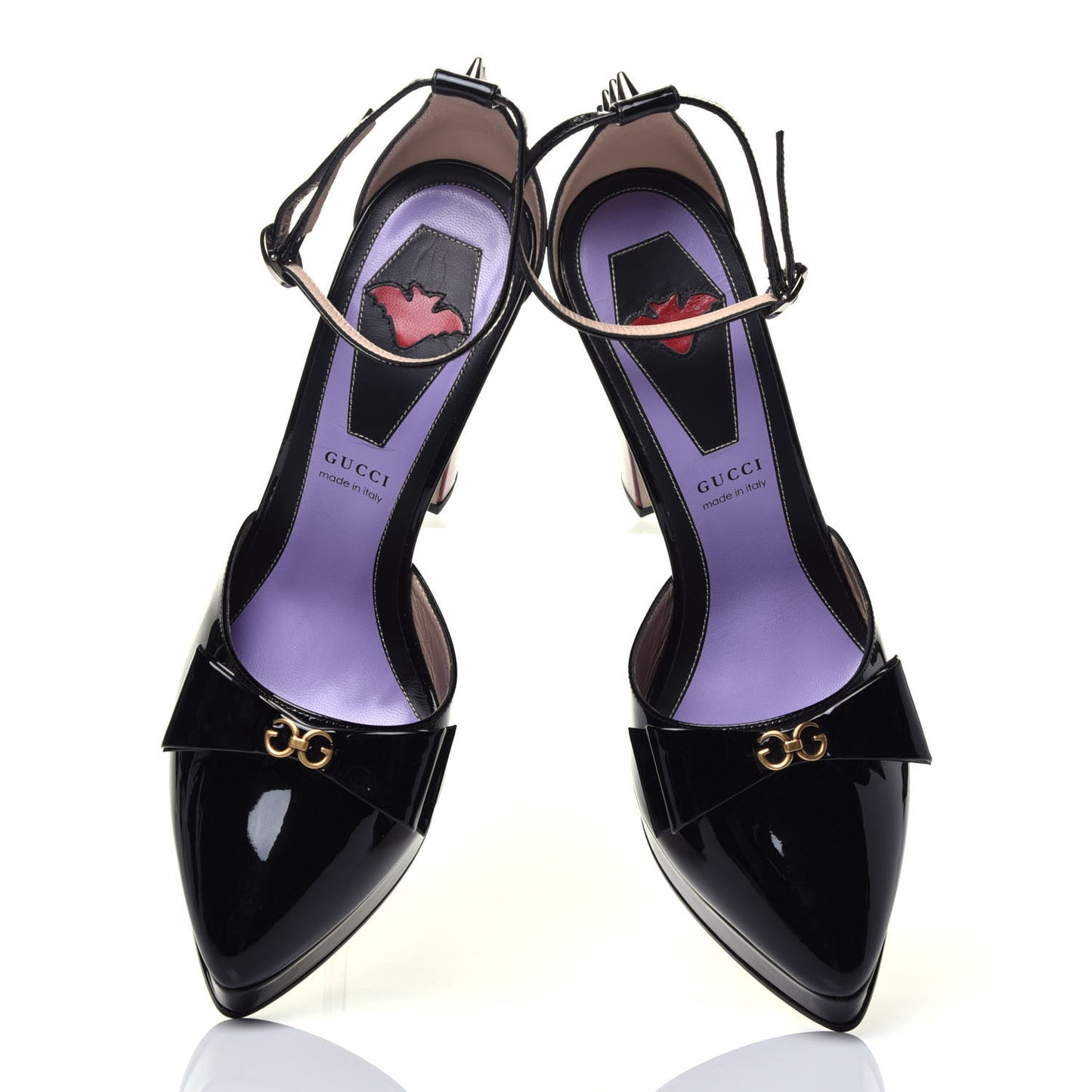 Patent Crystal GG Bow Sadie Spike Ankle Strap d'Orsay Platform High Heel Pumps 39 Black