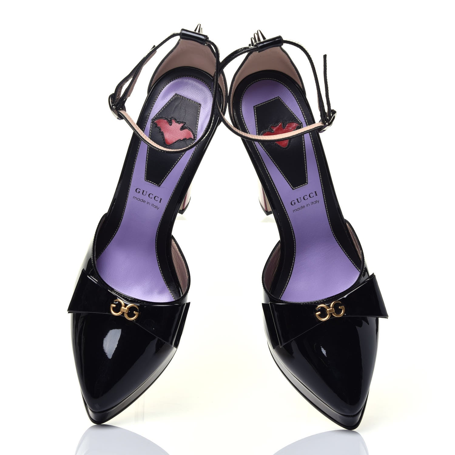 Gucci Patent Crystal GG Bow Sadie Spike Ankle Strap d'Orsay Platform High Heel Pumps 39 Black 6 of 9