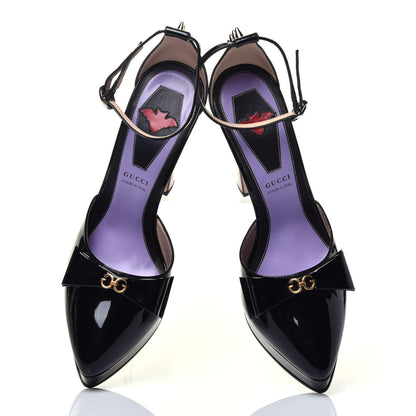 Gucci Patent Crystal GG Bow Sadie Spike Ankle Strap d'Orsay Platform High Heel Pumps 39 Black 6 of 9