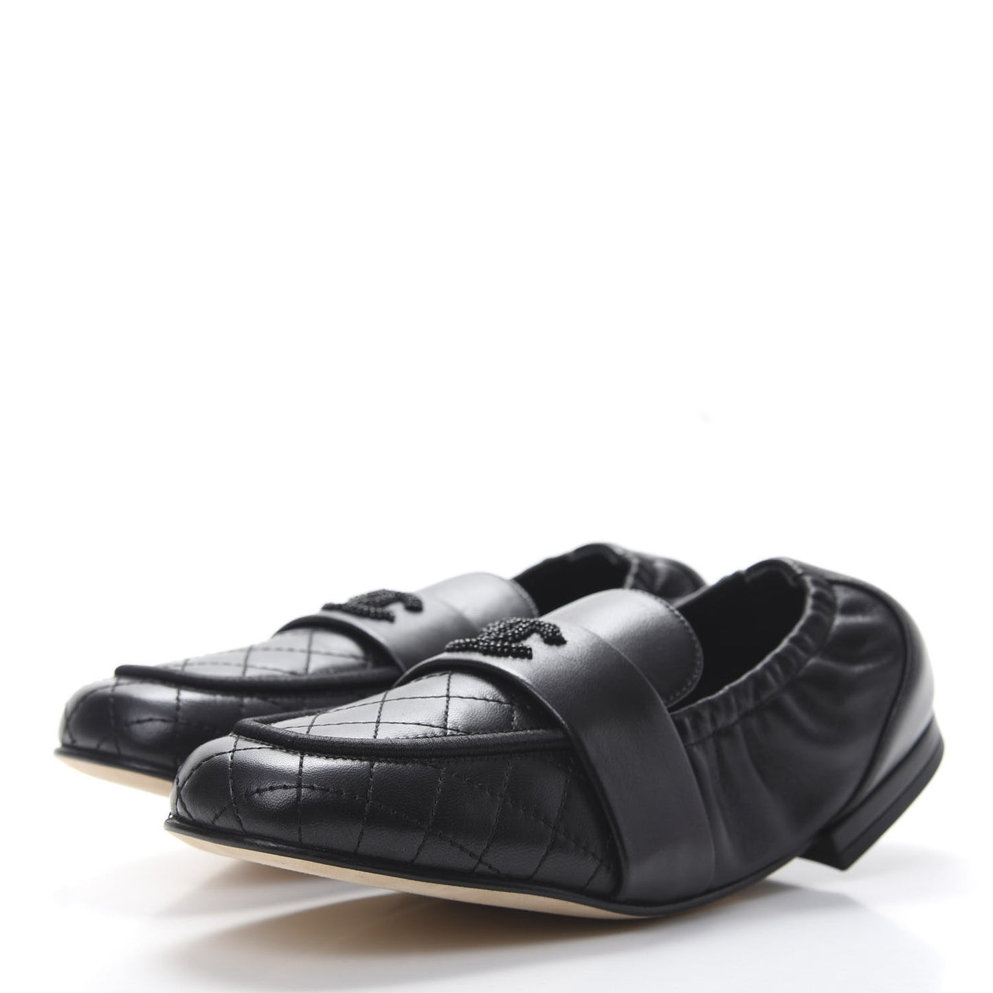 Laminated Lambskin Womens Quilted Elastic CC Moccasin Loafers 35 Black
