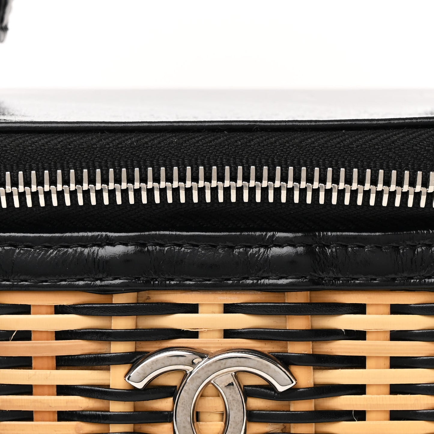 Calfskin Raffia Small Vanity Case Bag Black Beige