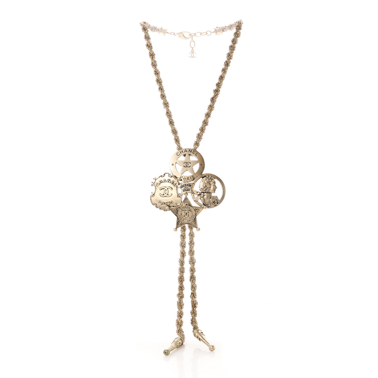 Chanel Metal Paris Dallas CC Sheriff Badge Star Bolo Necklace Gold 3 of 6