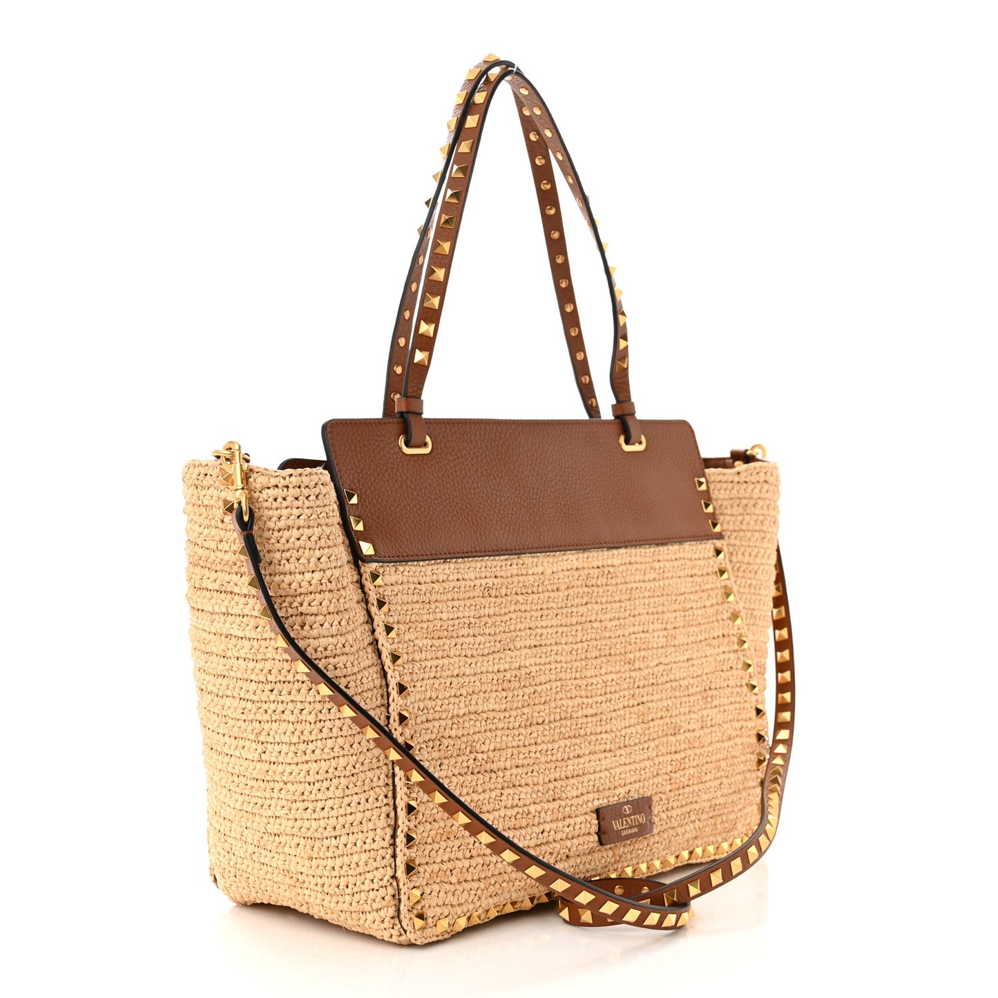 Raffia Calfskin Rockstud Tote Naturale Saddle Brown