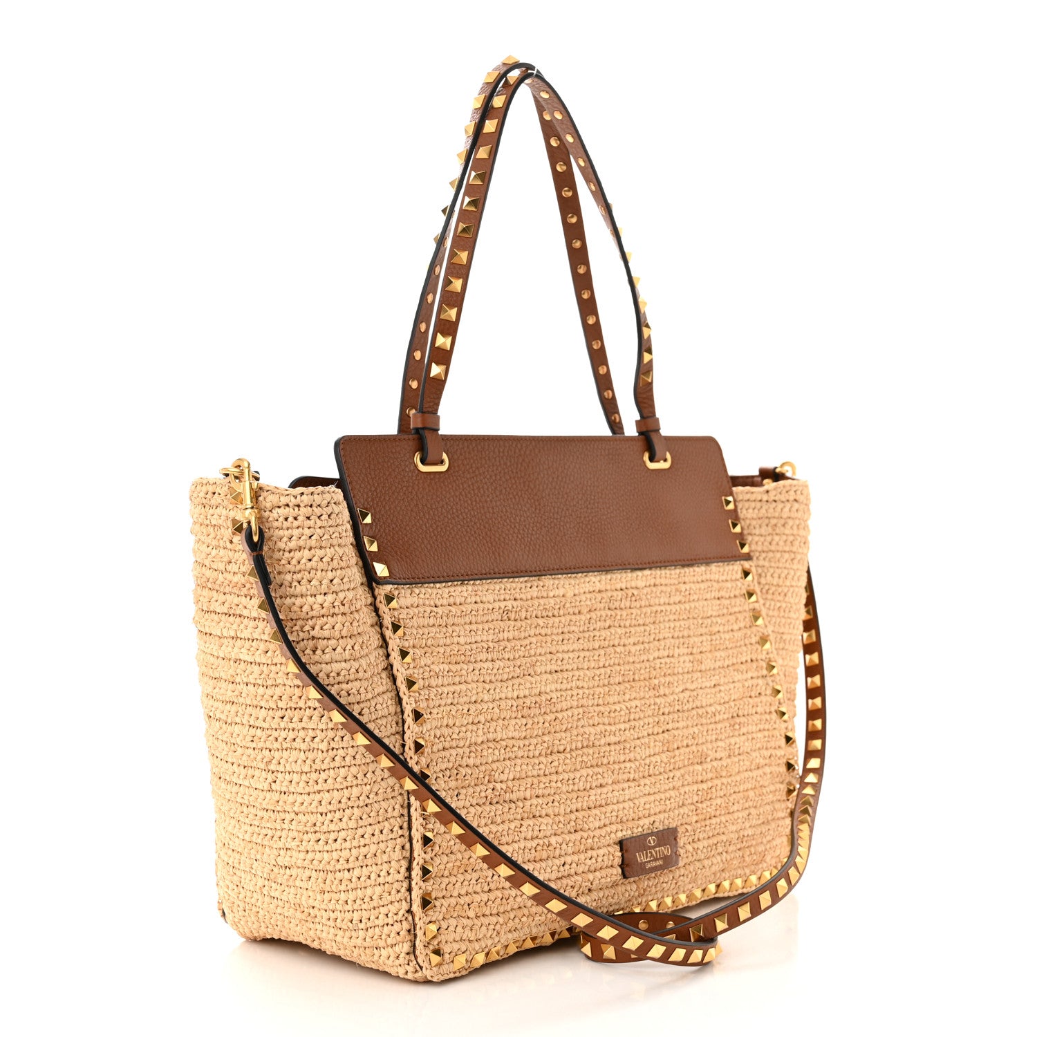 Valentino Garavani Raffia Calfskin Rockstud Tote Naturale Saddle Brown 3 of 9