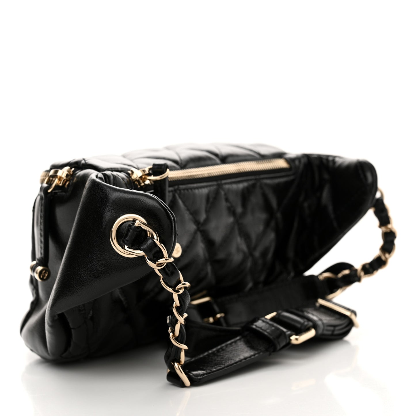 Shiny Aged Calfskin Quilted Utility Waist Belt Bag Black