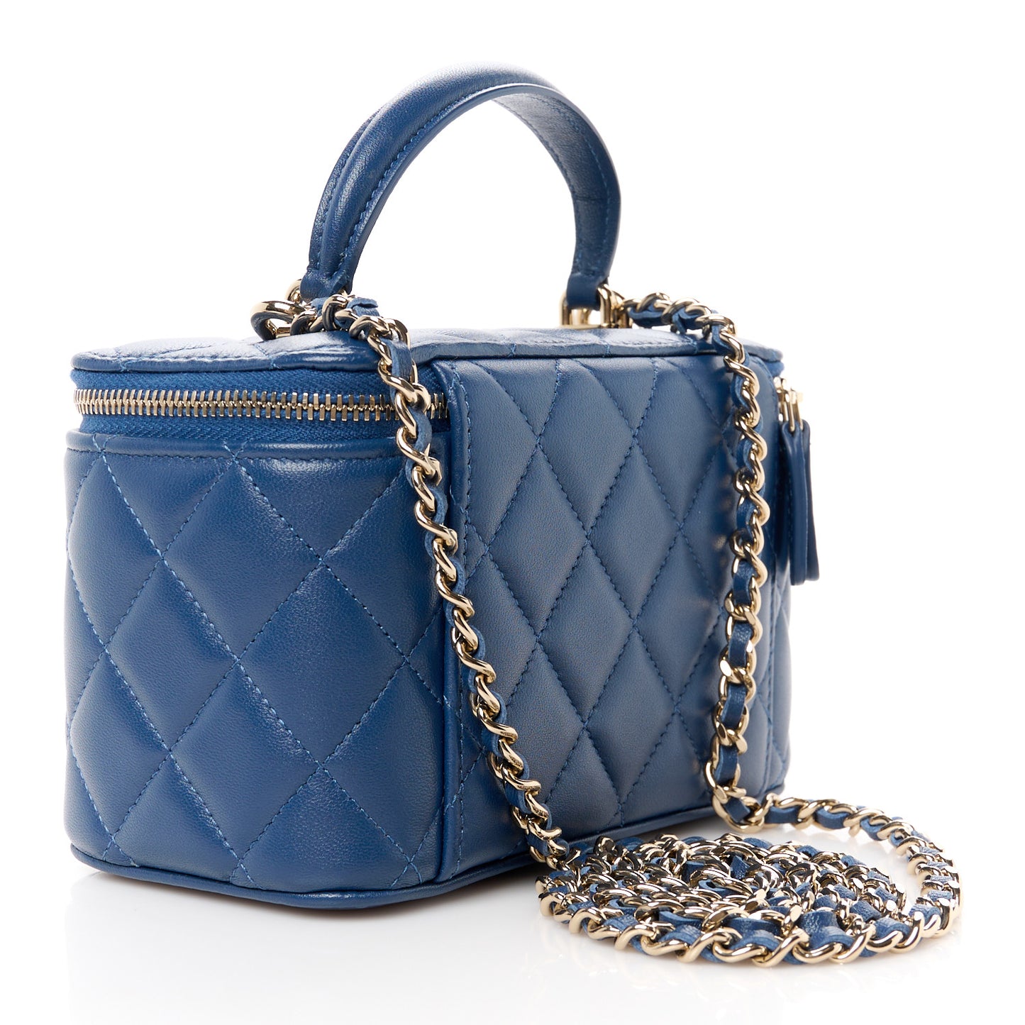 Lambskin Quilted Small Top Handle Vanity Case With Chain Dark Blue