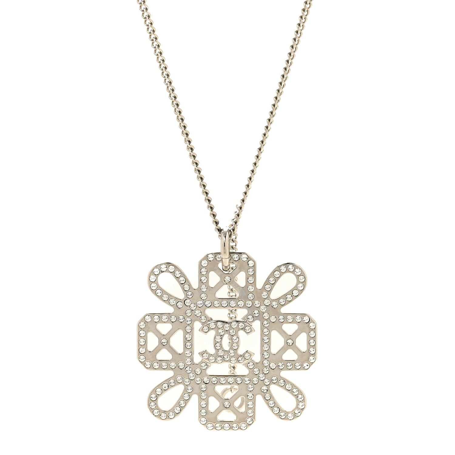 Chanel Crystal Strass Cross CC Pendant Necklace Silver 4 of 5