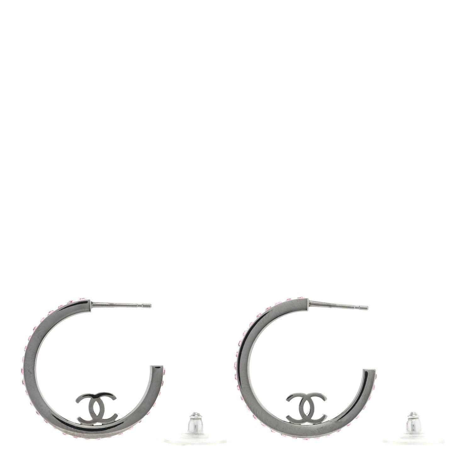 Chanel Crystal CC Hoop Earrings Pink Silver 3 of 4