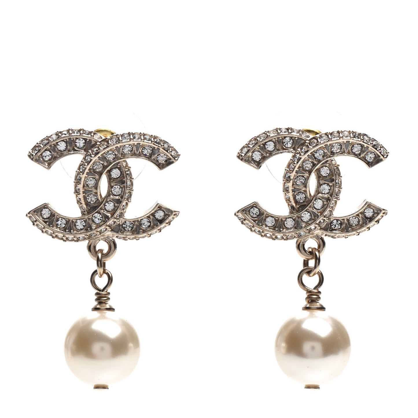 Crystal Pearl CC Drop Earrings Gold