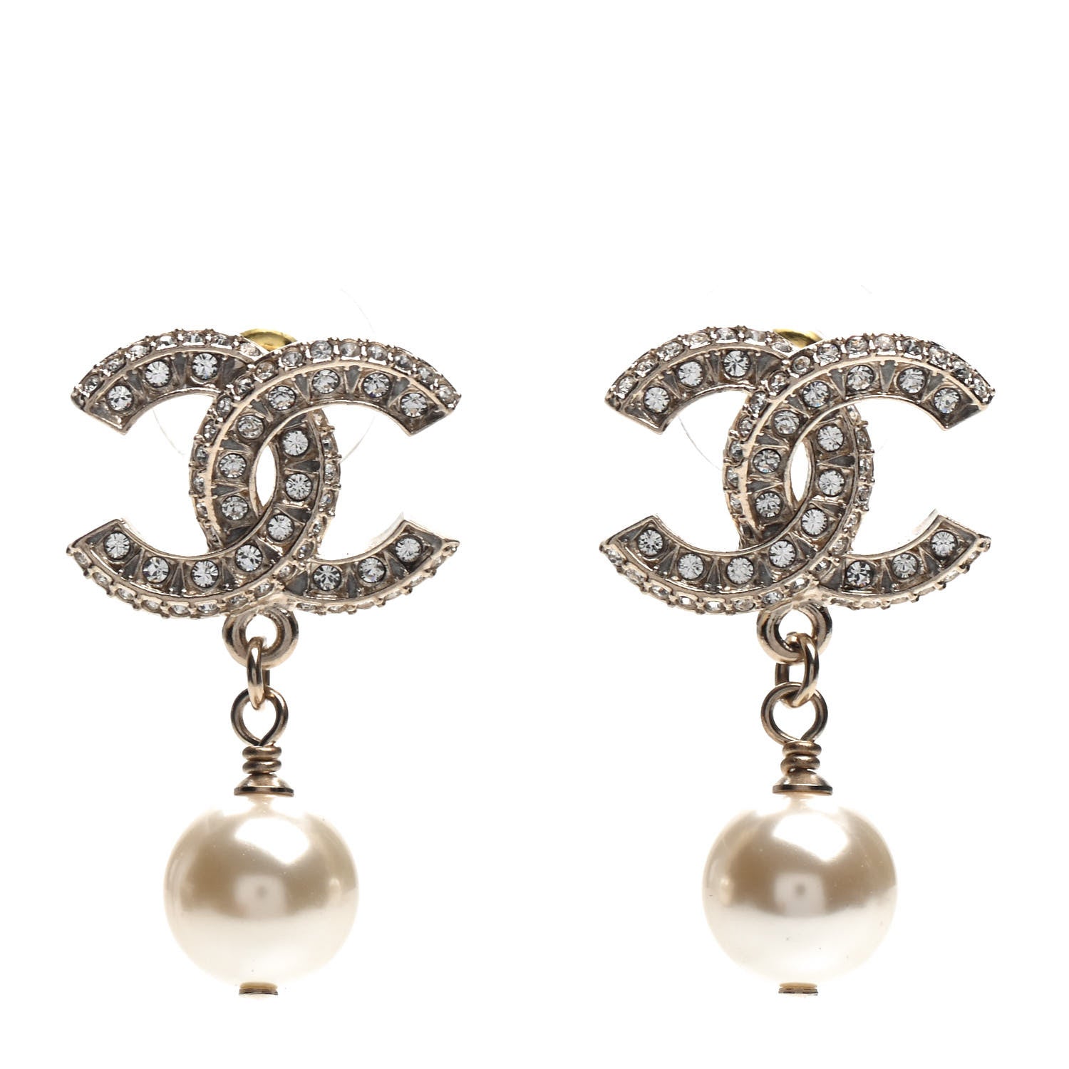 Chanel Crystal Pearl CC Drop Earrings Gold 1 of 5
