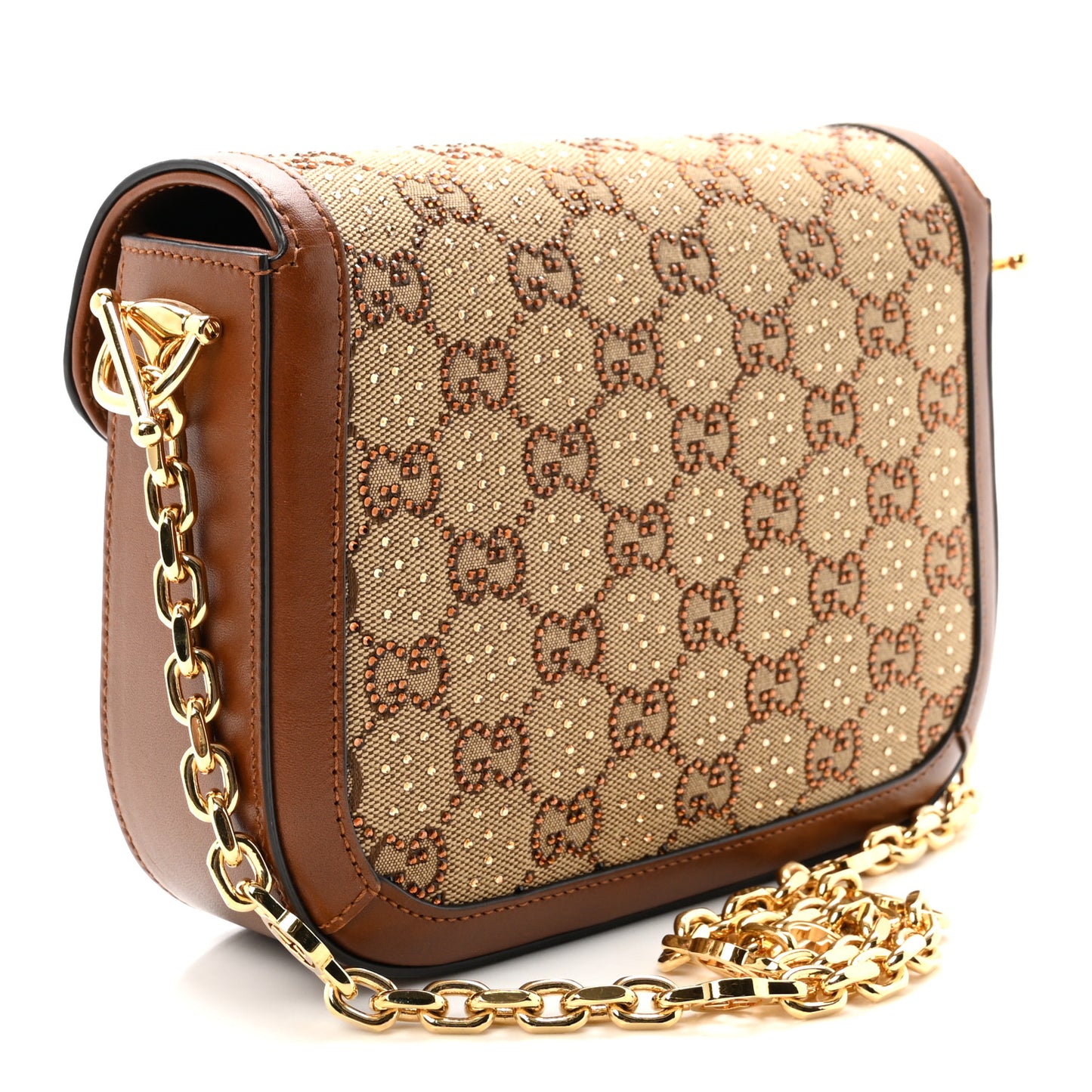 New Canvas Charisma Calfskin Crystal GG Monogram Mini Horsebit 1955 Shoulder Bag Camel Ebony
