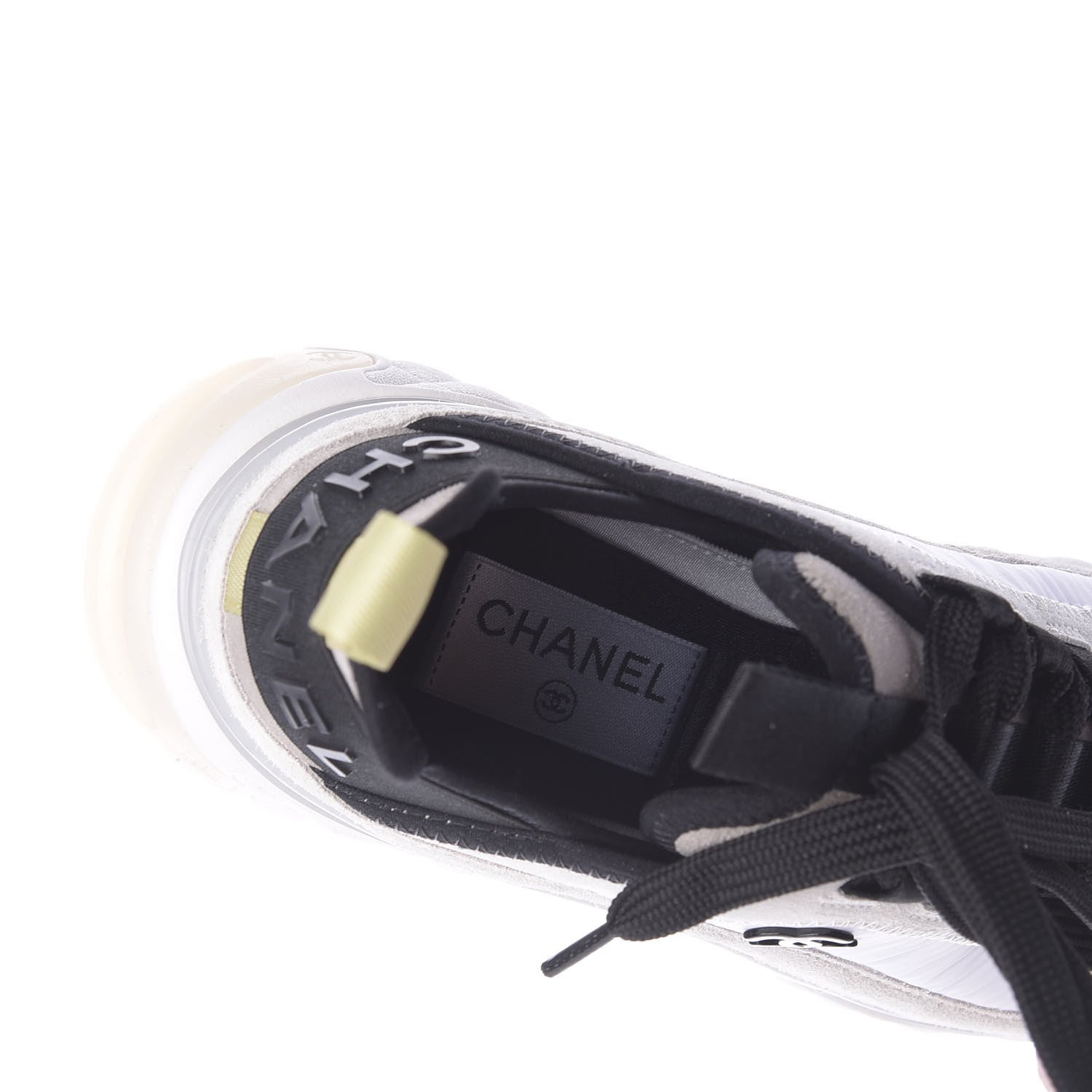 Chanel Nylon Calfskin Suede CC Sneakers 36.5 White Grey Yellow 8 of 11
