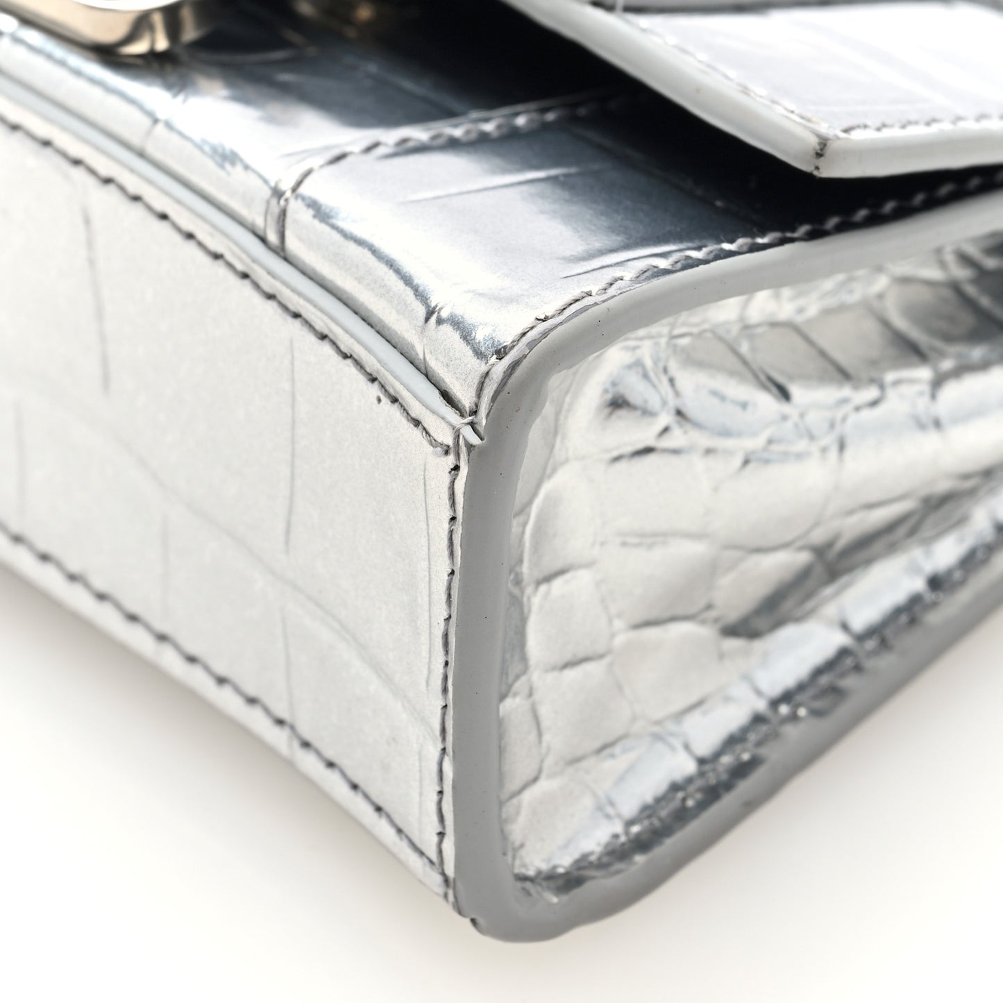 Metallic Calfskin Crocodile Embossed Hourglass Top Handle Bag Mini with Chain Silver